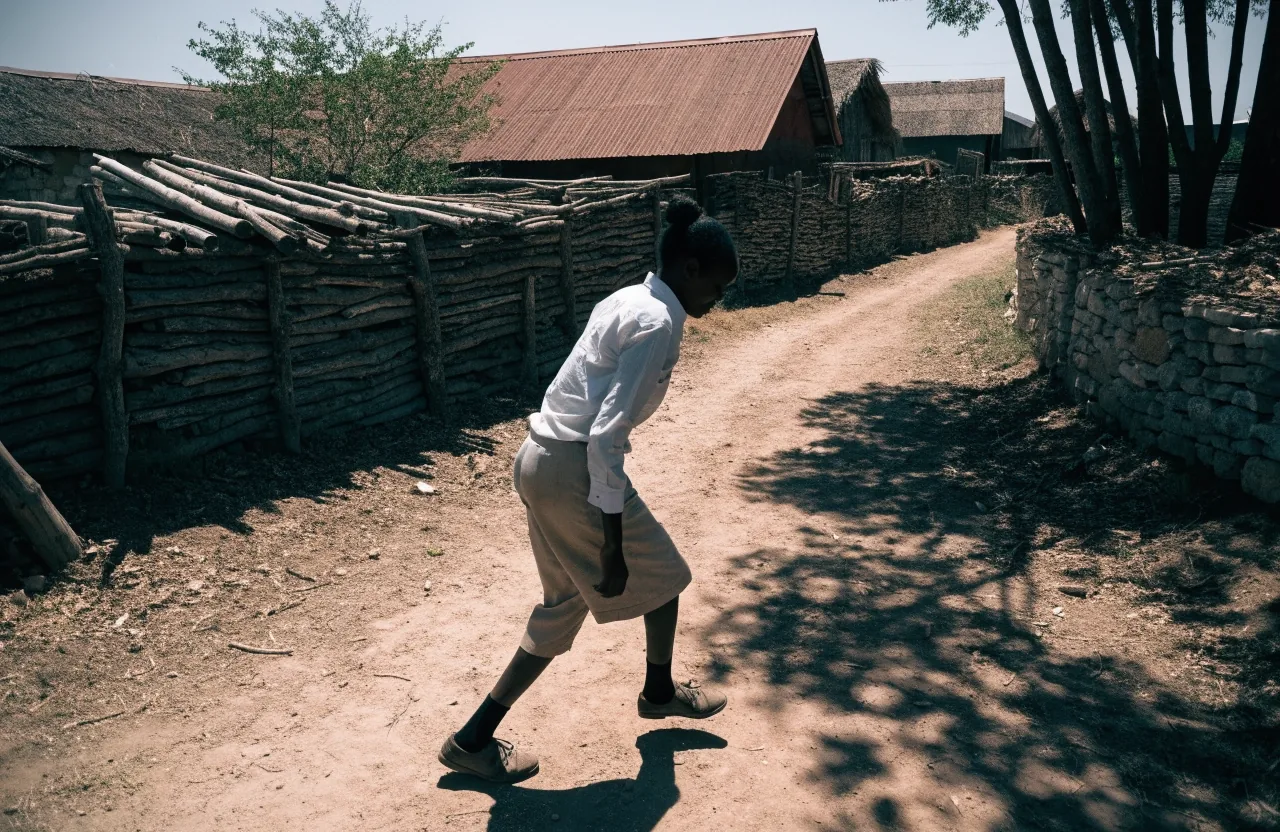 An empty paved walkway in Maun under harsh noon light with a shade tree casting cut shadows