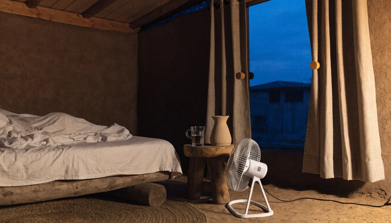 A midday bedroom in Botswana with curtains half drawn and a hard band of sunlight across the wall above a single neatly made bed